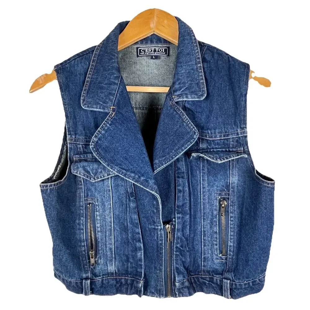 Vintage C’est Toi Denim Moto Vest Women’s Large Blue Zip Front Sleeveless Jean - Picture 2 of 12
